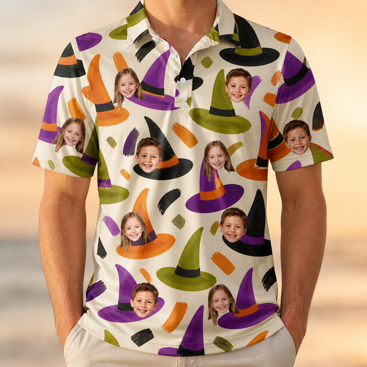 Model wearing Men's Samhain Silhouettes Custom Face Polo Shirt printed with kids' faces