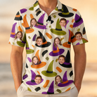 Model wearing Men's Samhain Silhouettes Custom Face Polo Shirt printed with kids' faces