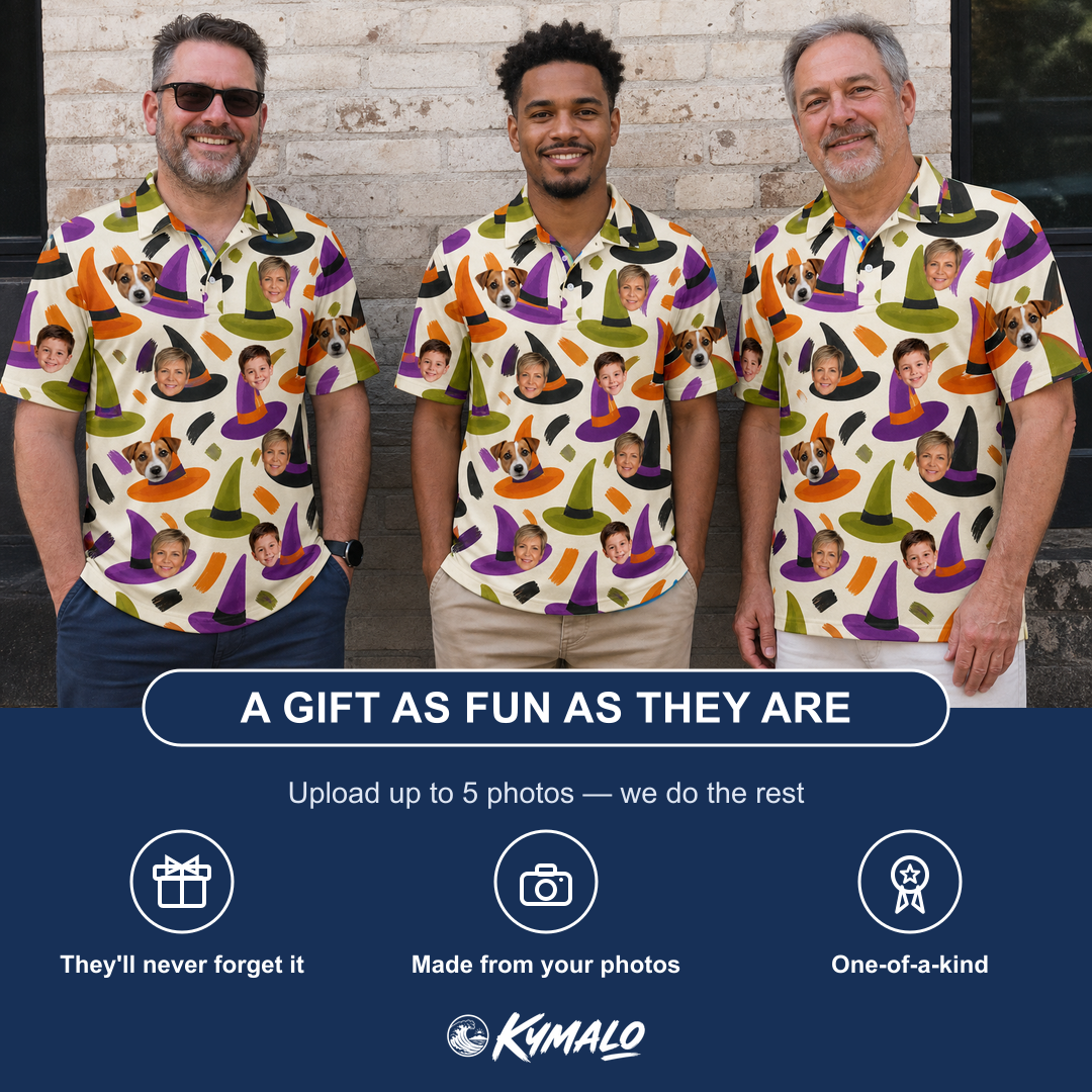 Friends in matching Men's Samhain Silhouettes Custom Face Polo Shirt — a group gift photo