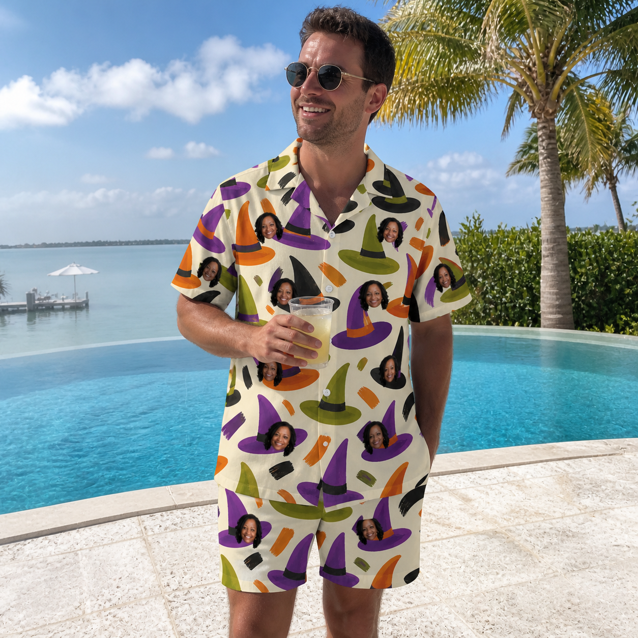 Real-life photo of someone wearing Men's Samhain Silhouettes Custom Face Shirt & Shorts Set — custom faces printed all-over