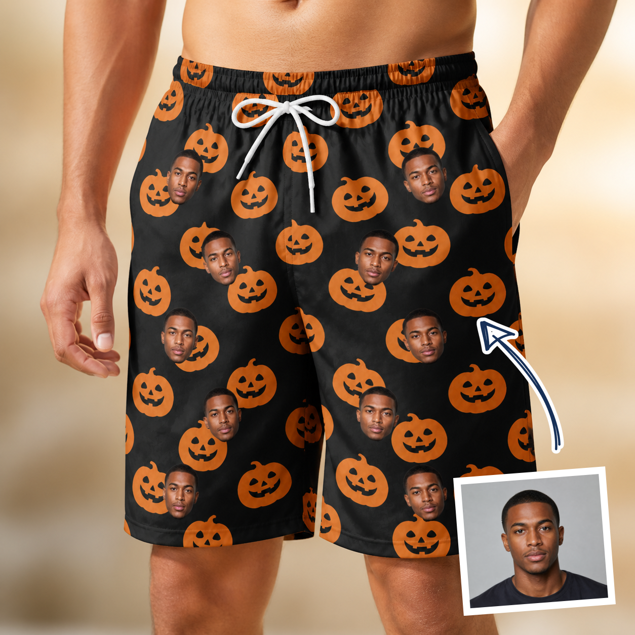 Man wearing Men's Frightlight Fancies Custom Face Beach Shorts — custom faces printed all-over