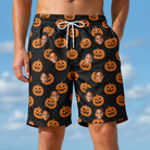 Model wearing Men's Frightlight Fancies Custom Face Beach Shorts printed with kids' faces