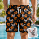 Man wearing Men's Frightlight Fancies Custom Cat Face Beach Shorts — custom faces printed all-over