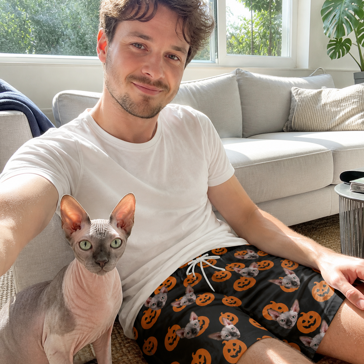 Selfie with the pet whose face is printed all over this Men's Frightlight Fancies Custom Cat Face Beach Shorts
