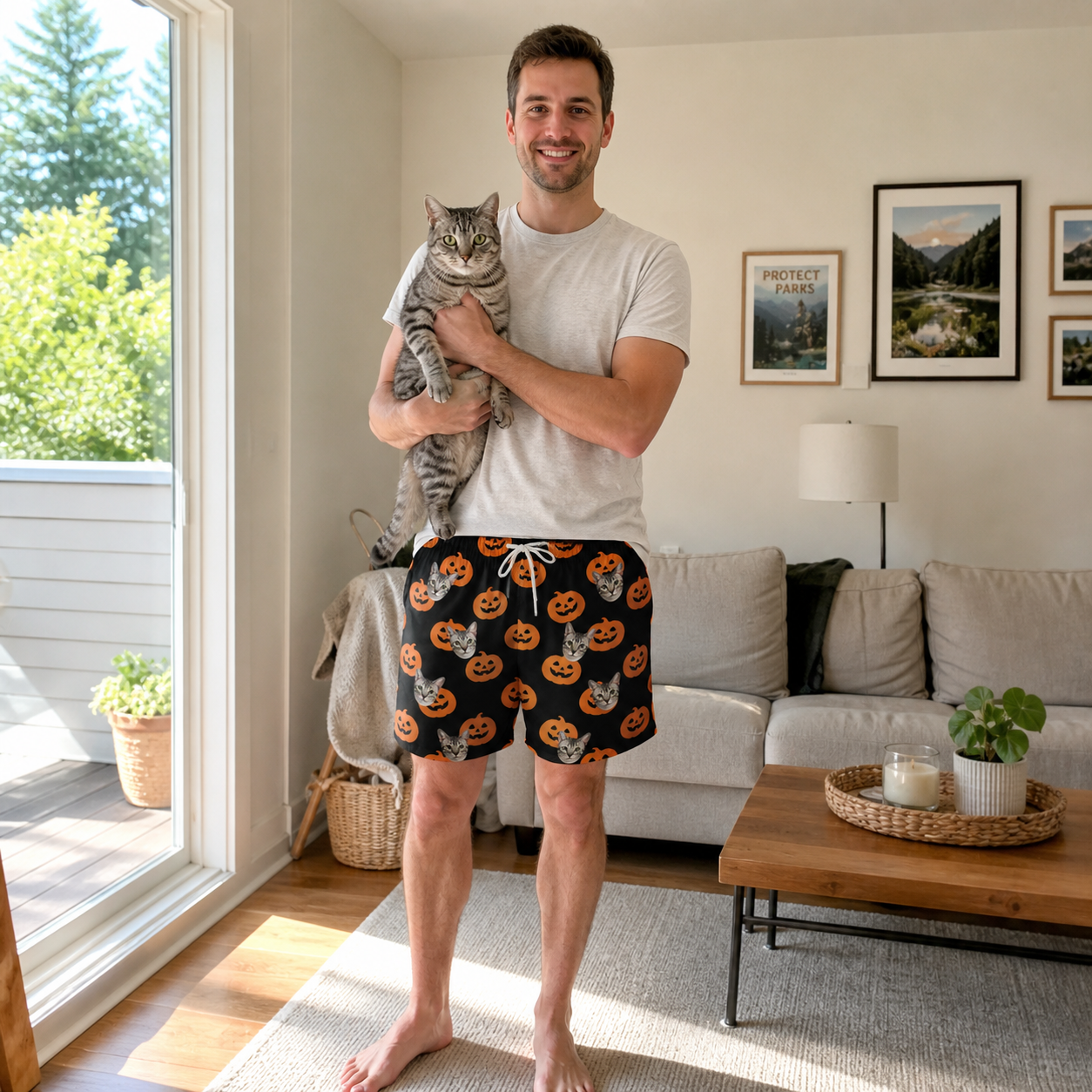 Full-length photo with the pet printed all over this Men's Frightlight Fancies Custom Cat Face Beach Shorts