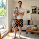 Full-length photo with the pet printed all over this Men's Frightlight Fancies Custom Cat Face Beach Shorts