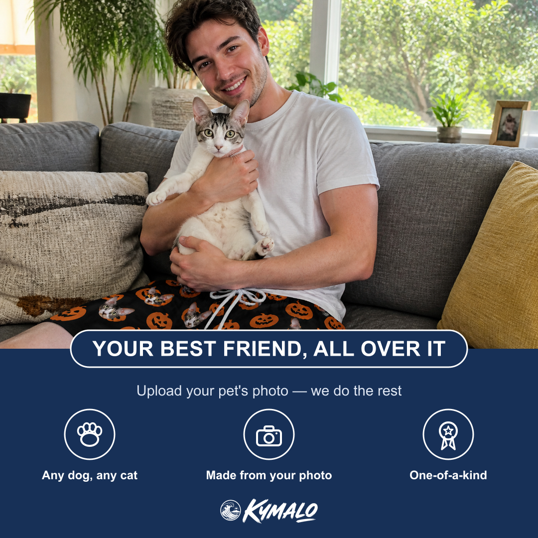 Friends in matching Men's Frightlight Fancies Custom Cat Face Beach Shorts — a group gift photo