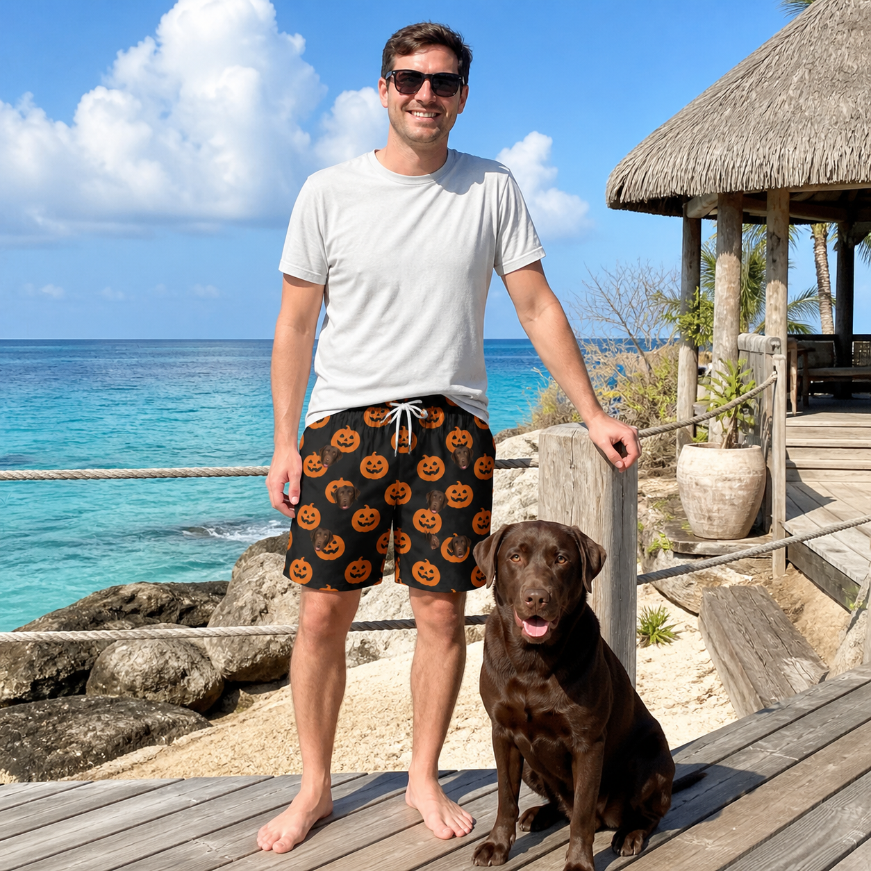 Full-length photo with the pet printed all over this Men's Frightlight Fancies Custom Dog Face Beach Shorts