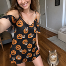 Selfie with the pet whose face is printed all over this Women's Frightlight Fancies Custom Cat Face Off-Shoulder Dress