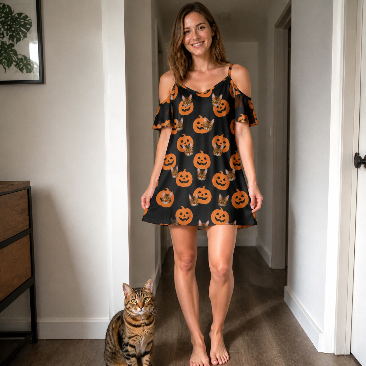 Full-length photo with the pet printed all over this Women's Frightlight Fancies Custom Cat Face Off-Shoulder Dress