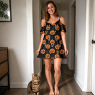 Full-length photo with the pet printed all over this Women's Frightlight Fancies Custom Cat Face Off-Shoulder Dress