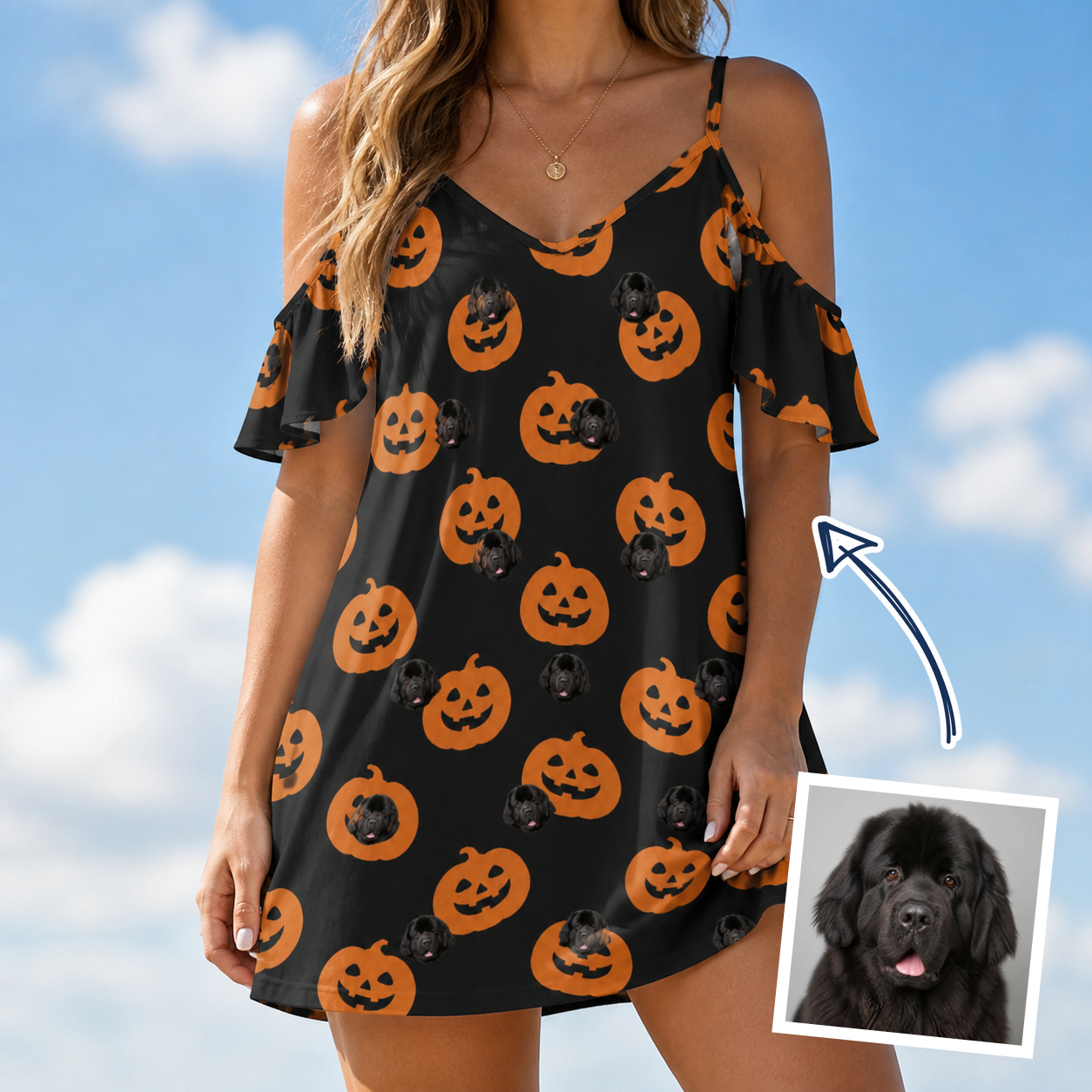 Woman wearing Women's Frightlight Fancies Custom Dog Face Off-Shoulder Dress — custom faces printed all-over