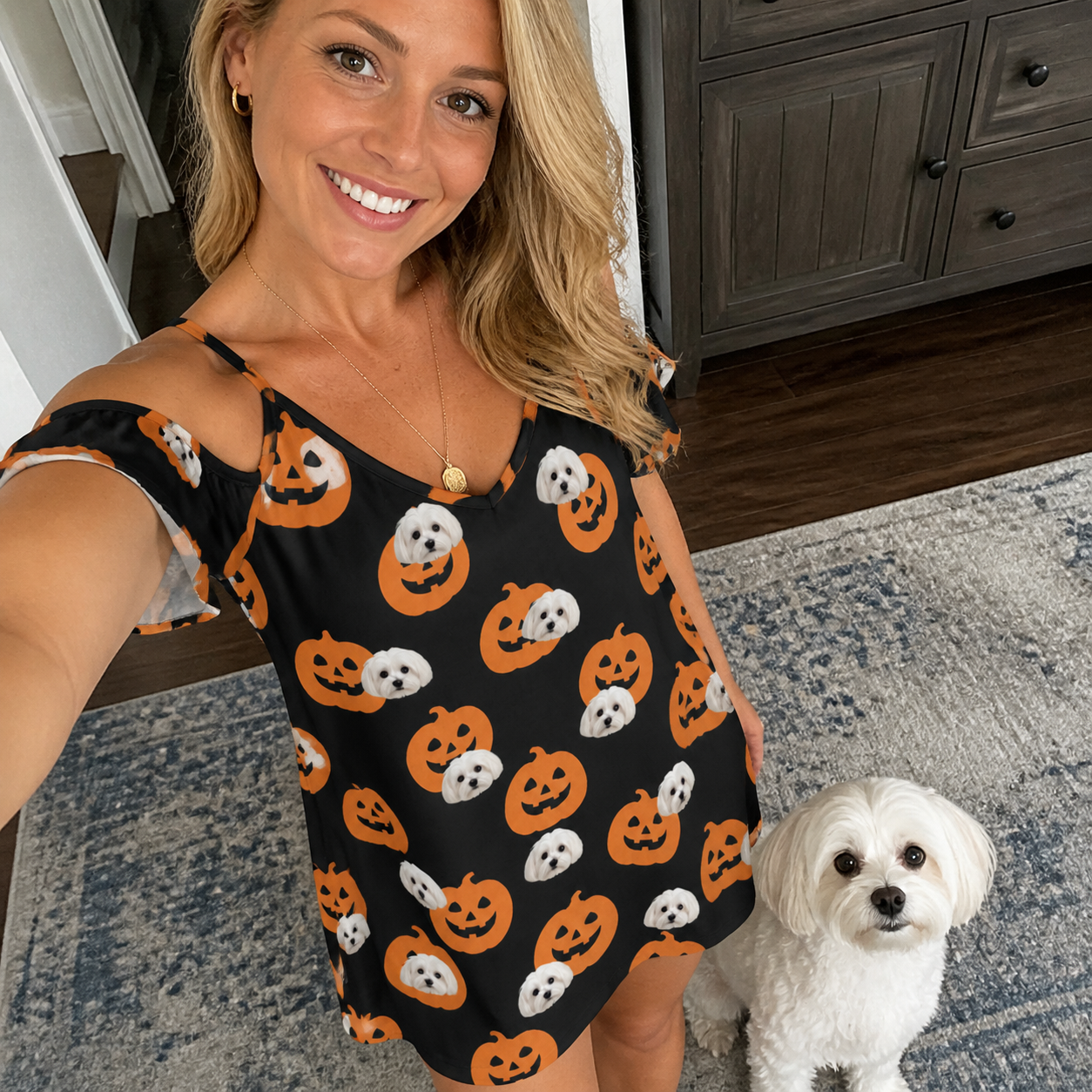Selfie with the pet whose face is printed all over this Women's Frightlight Fancies Custom Dog Face Off-Shoulder Dress