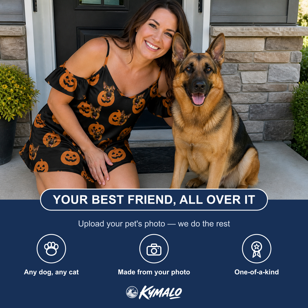 Friends in matching Women's Frightlight Fancies Custom Dog Face Off-Shoulder Dress — a group gift photo