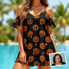 Woman wearing Women's Frightlight Fancies Custom Face Off-Shoulder Dress — custom faces printed all-over