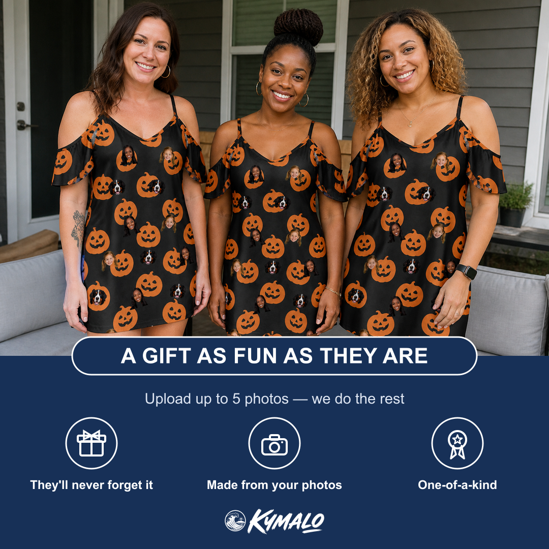 Friends in matching Women's Frightlight Fancies Custom Face Off-Shoulder Dress — a group gift photo