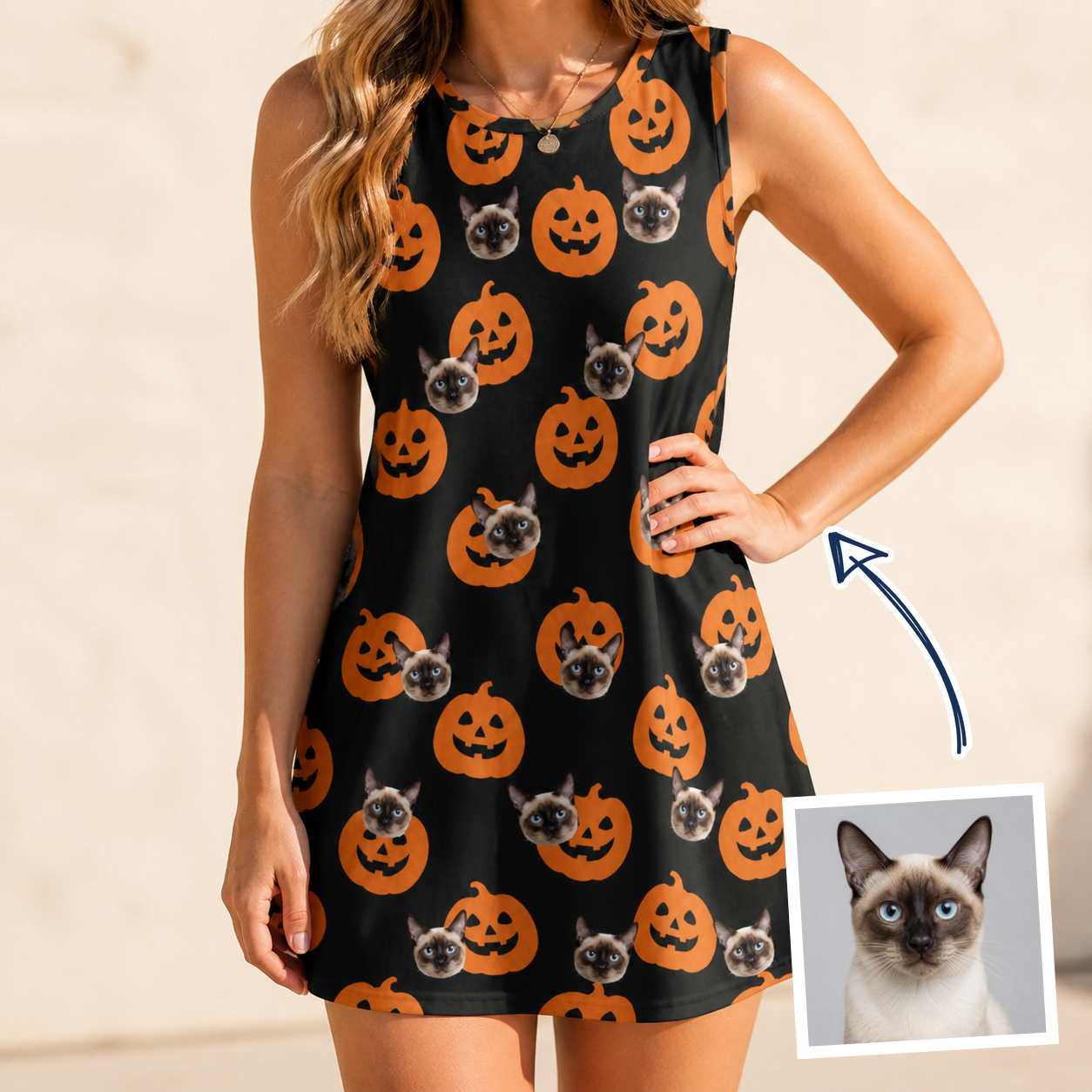 Woman wearing Women's Frightlight Fancies Custom Cat Face Tank Dress — custom faces printed all-over