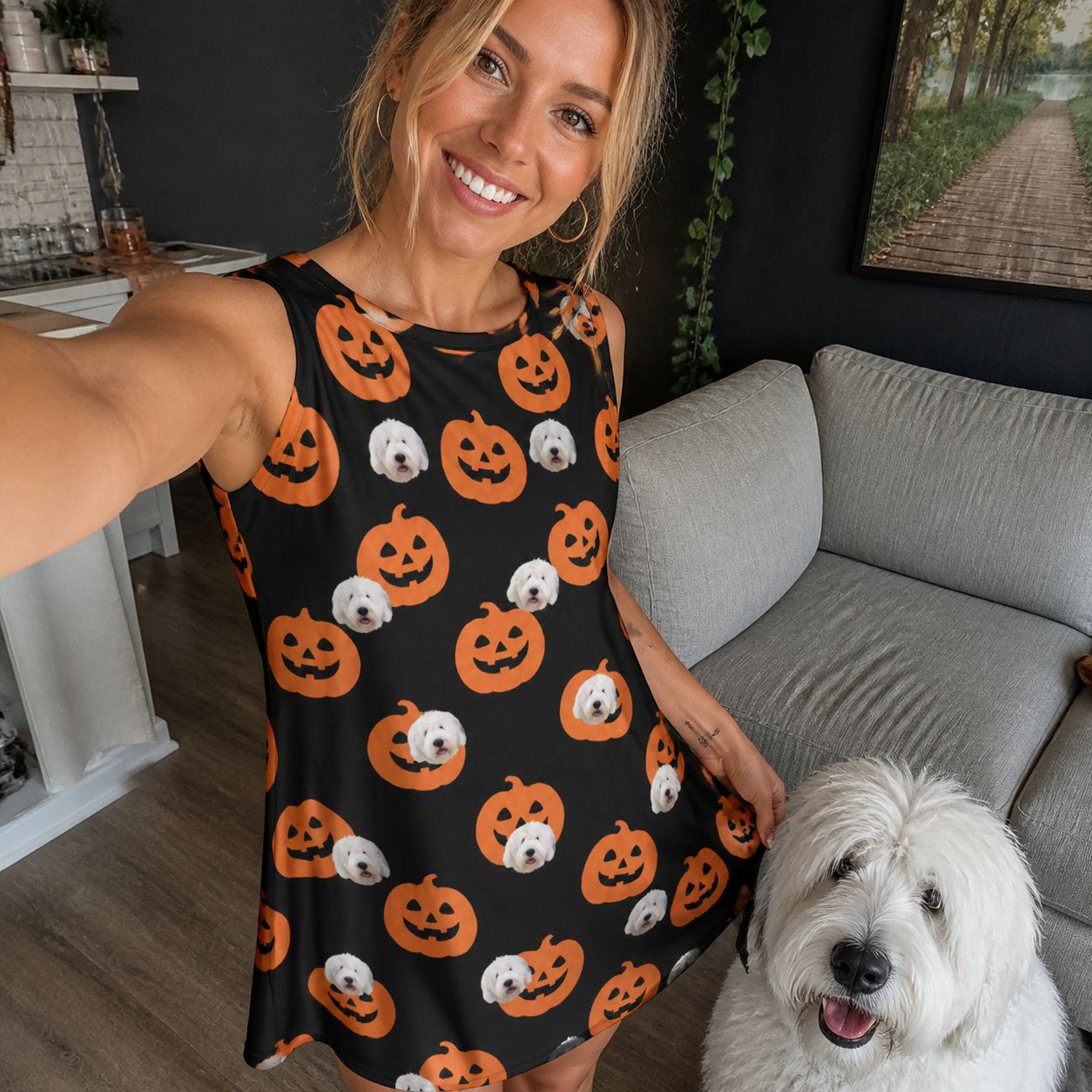 Selfie with the pet whose face is printed all over this Women's Frightlight Fancies Custom Dog Face Tank Dress