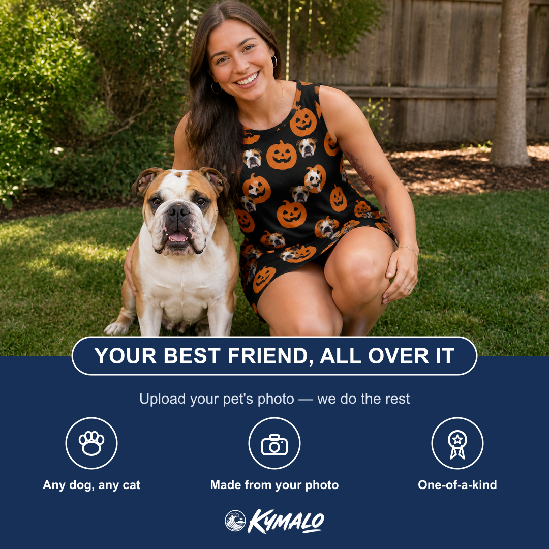 Friends in matching Women's Frightlight Fancies Custom Dog Face Tank Dress — a group gift photo