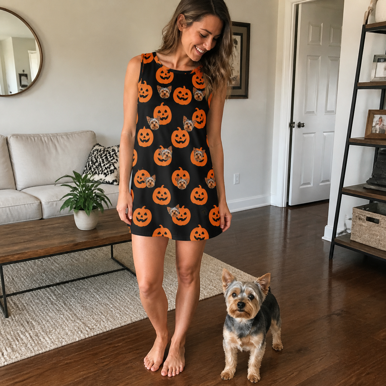 Full-length photo with the pet printed all over this Women's Frightlight Fancies Custom Dog Face Tank Dress