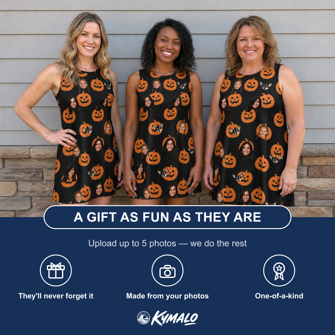 Friends in matching Women's Frightlight Fancies Custom Face Tank Dress — a group gift photo