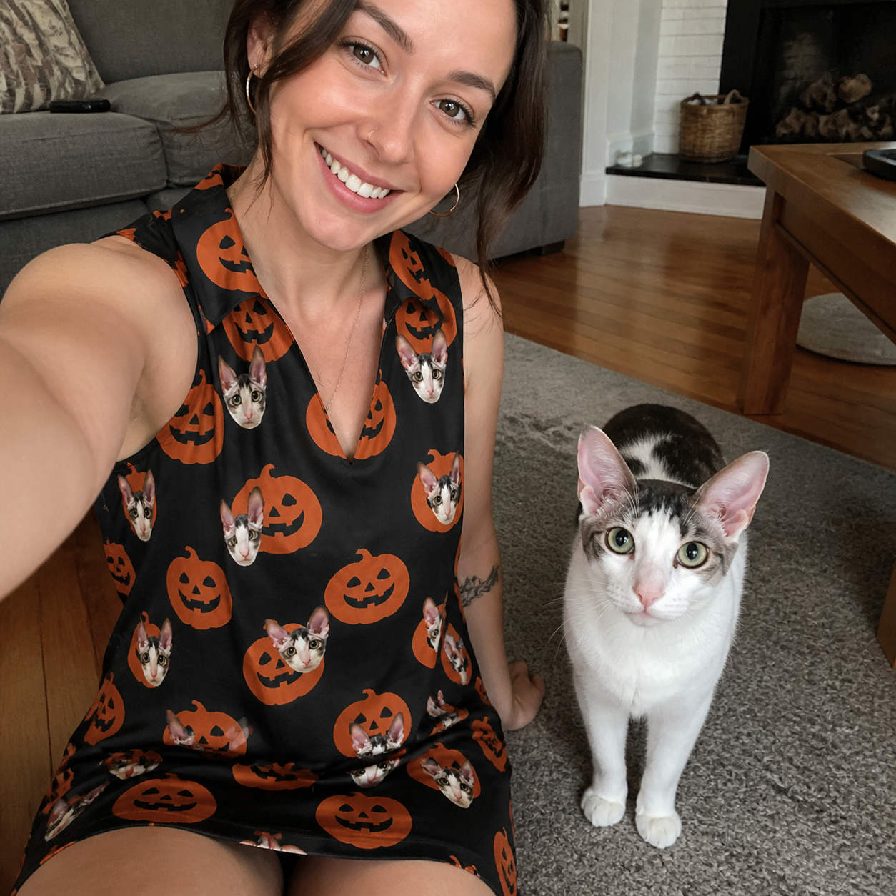 Selfie with the pet whose face is printed all over this Women's Frightlight Fancies Custom Cat Face V-Neck Dress
