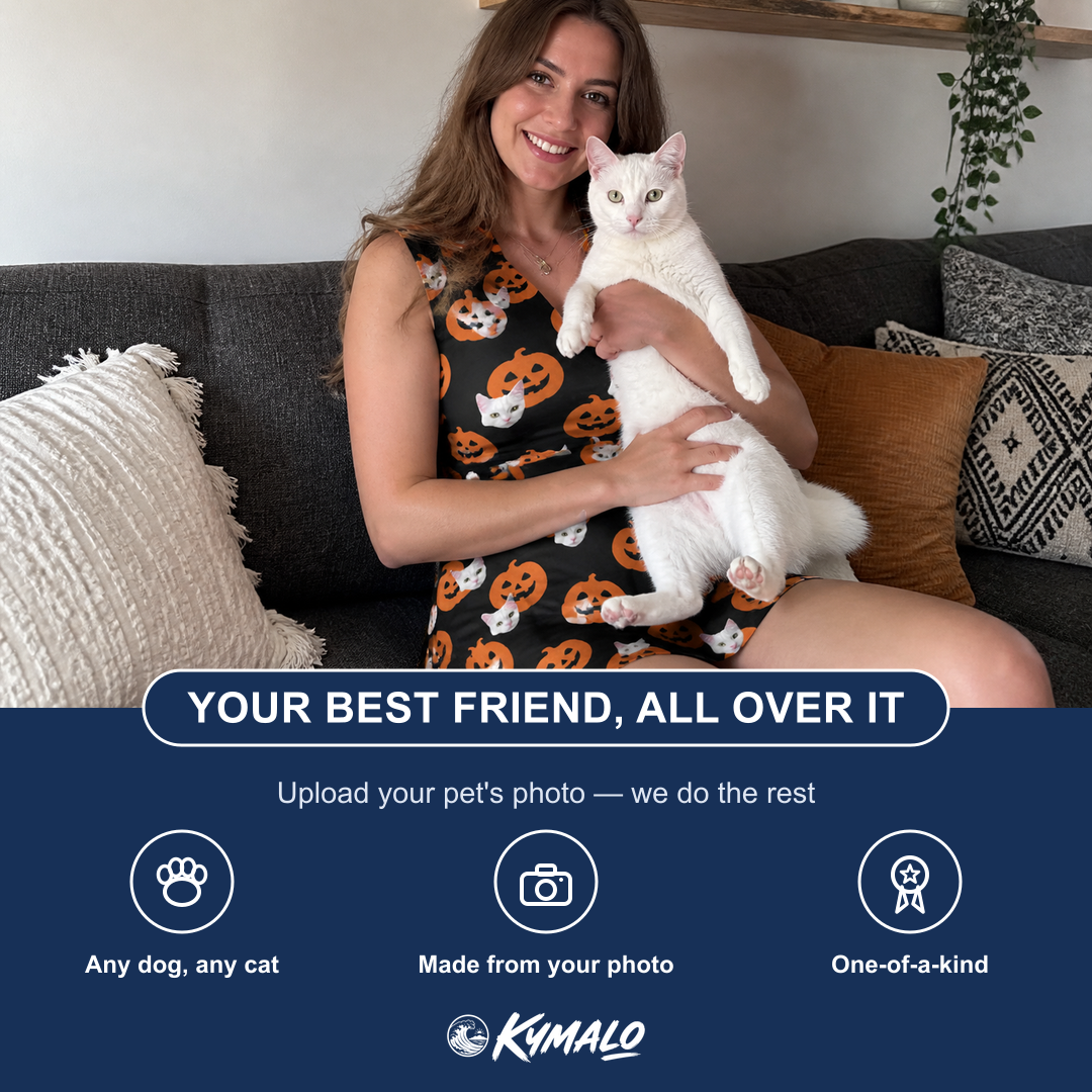 Friends in matching Women's Frightlight Fancies Custom Cat Face V-Neck Dress — a group gift photo