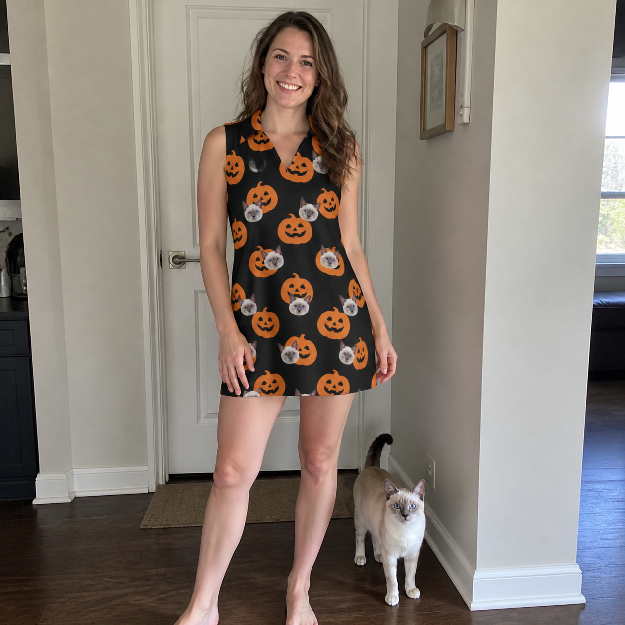 Full-length photo with the pet printed all over this Women's Frightlight Fancies Custom Cat Face V-Neck Dress