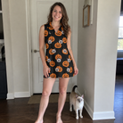 Full-length photo with the pet printed all over this Women's Frightlight Fancies Custom Cat Face V-Neck Dress