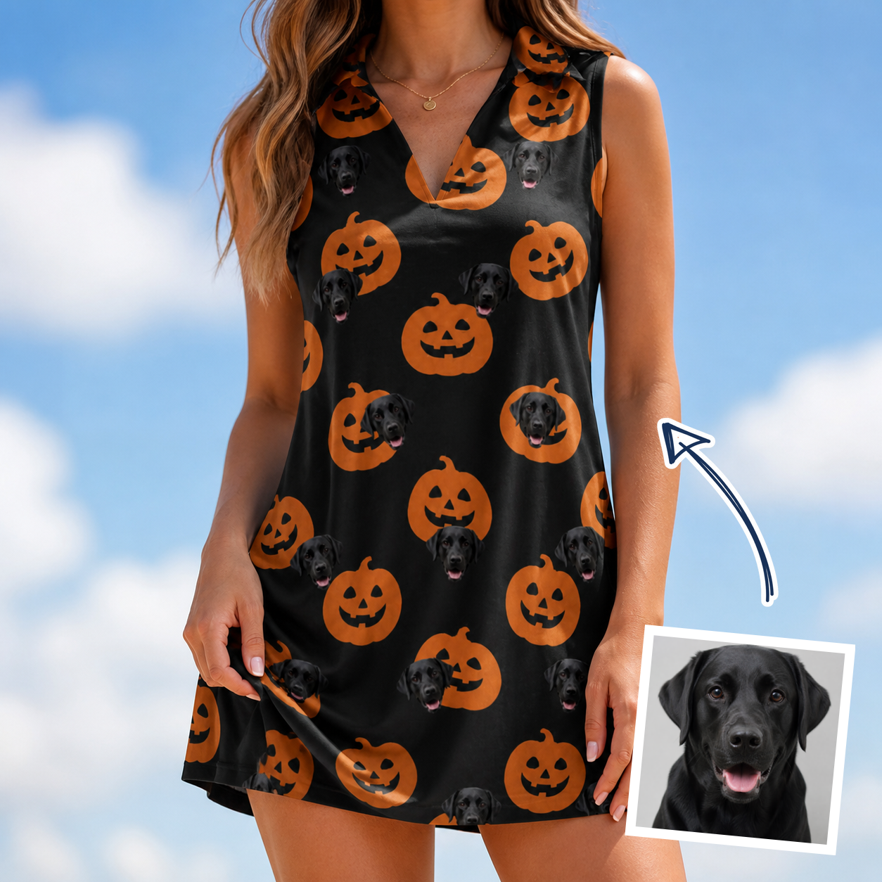 Woman wearing Women's Frightlight Fancies Custom Dog Face V-Neck Dress — custom faces printed all-over