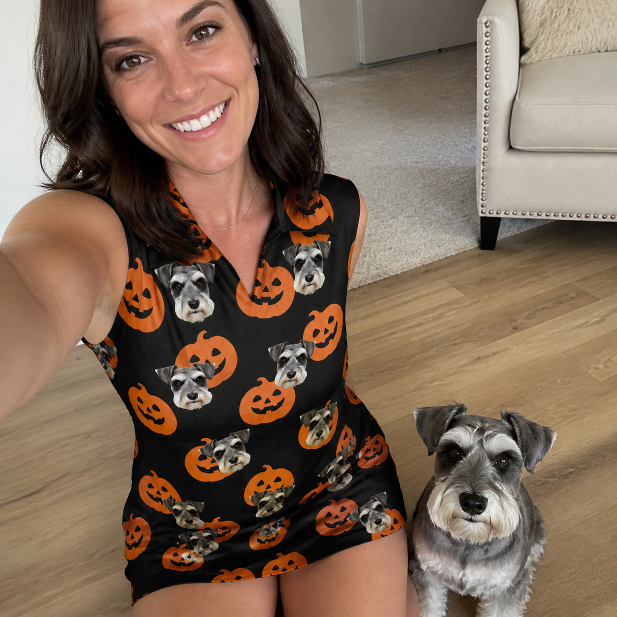 Selfie with the pet whose face is printed all over this Women's Frightlight Fancies Custom Dog Face V-Neck Dress