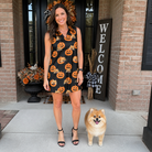 Full-length photo with the pet printed all over this Women's Frightlight Fancies Custom Dog Face V-Neck Dress