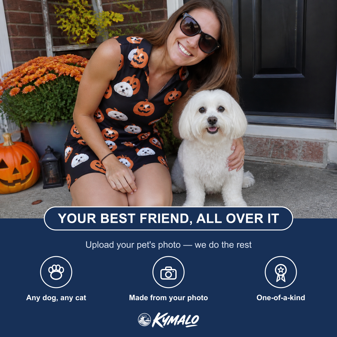 Friends in matching Women's Frightlight Fancies Custom Dog Face V-Neck Dress — a group gift photo
