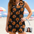 Woman wearing Women's Frightlight Fancies Custom Face V-Neck Dress — custom faces printed all-over