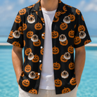 Man wearing Men's Frightlight Fancies Custom Cat Face Hawaiian Shirt open over a white tee