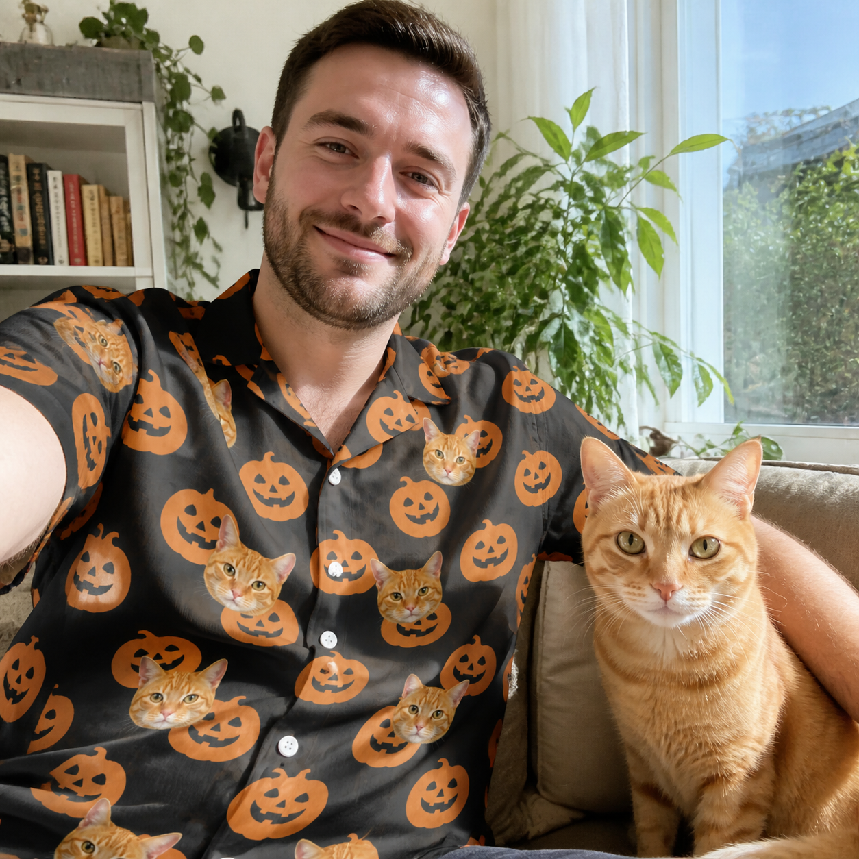 Selfie with the pet whose face is printed all over this Men's Frightlight Fancies Custom Cat Face Hawaiian Shirt