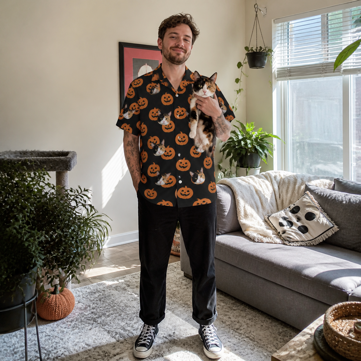Full-length photo with the pet printed all over this Men's Frightlight Fancies Custom Cat Face Hawaiian Shirt