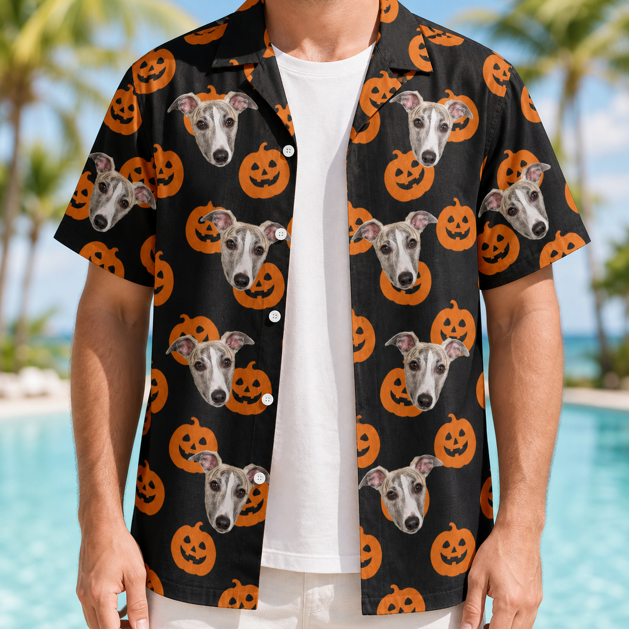 Man wearing Men's Frightlight Fancies Custom Dog Face Hawaiian Shirt open over a white tee