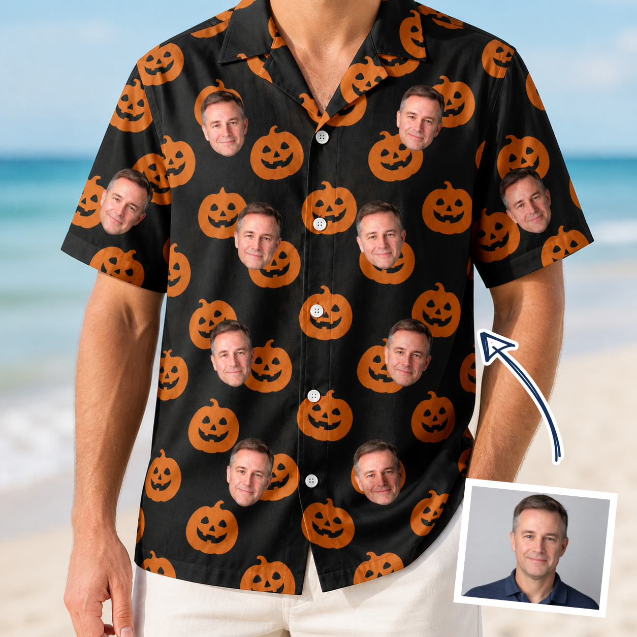 Man wearing Men's Frightlight Fancies Custom Face Hawaiian Shirt — custom faces printed all-over