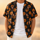 Man wearing Men's Frightlight Fancies Custom Face Hawaiian Shirt open over a white tee