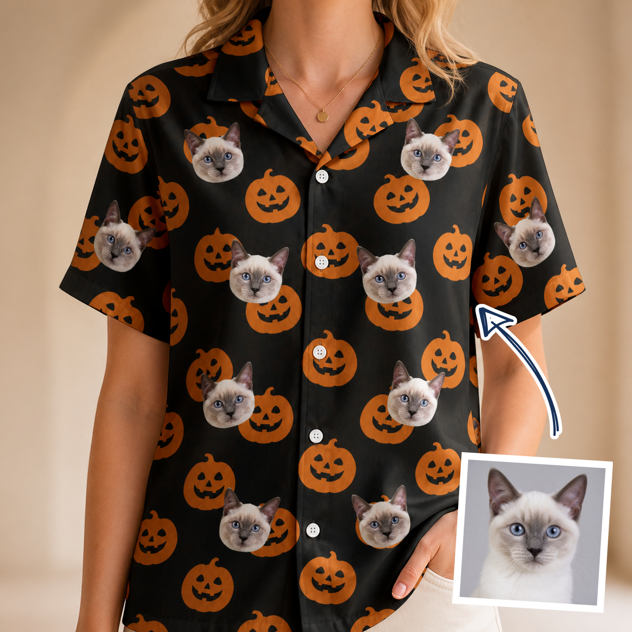 Woman wearing Women's Frightlight Fancies Custom Cat Face Hawaiian Shirt — custom faces printed all-over