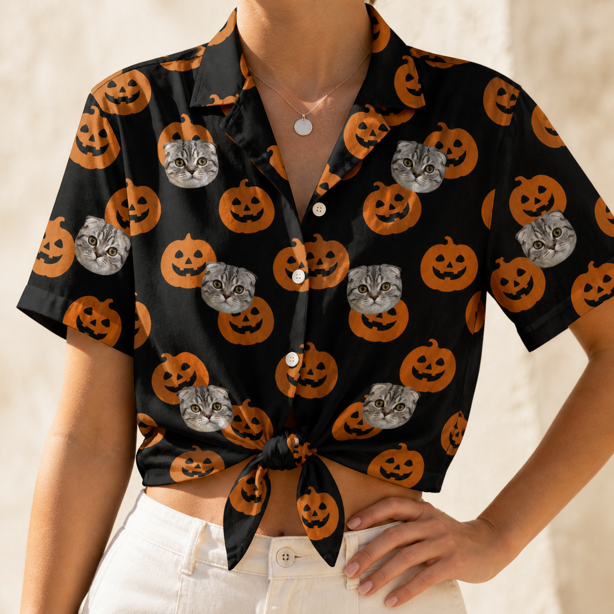 Woman wearing Women's Frightlight Fancies Custom Cat Face Hawaiian Shirt tied at the waist