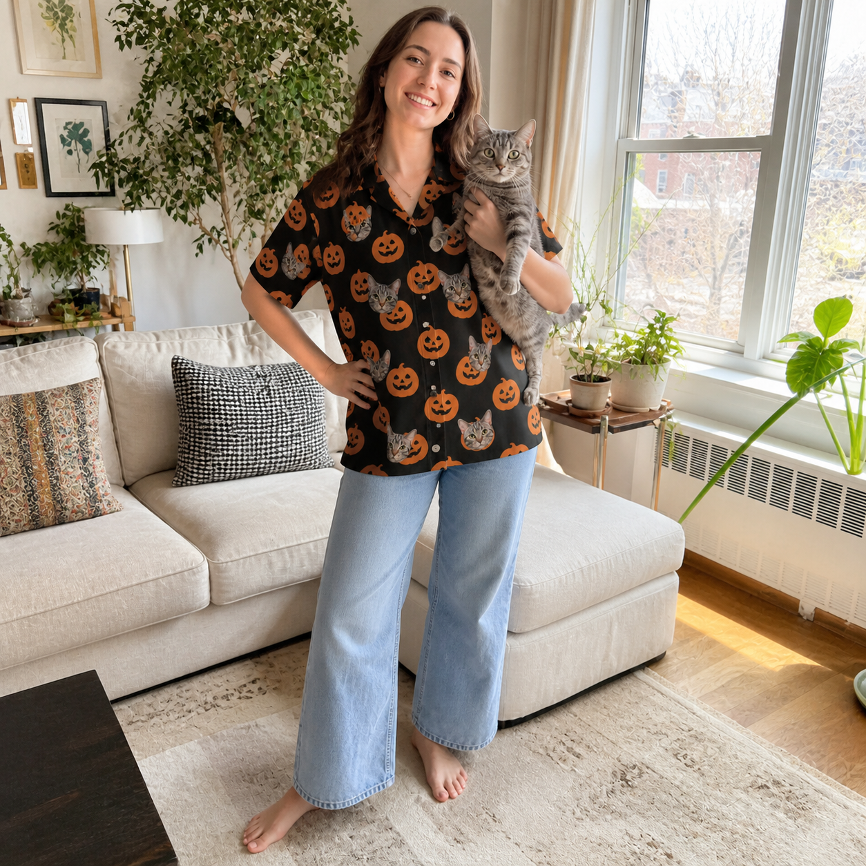 Full-length photo with the pet printed all over this Women's Frightlight Fancies Custom Cat Face Hawaiian Shirt
