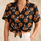 Woman wearing Women's Frightlight Fancies Custom Dog Face Hawaiian Shirt tied at the waist