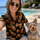Selfie with the pet whose face is printed all over this Women's Frightlight Fancies Custom Dog Face Hawaiian Shirt