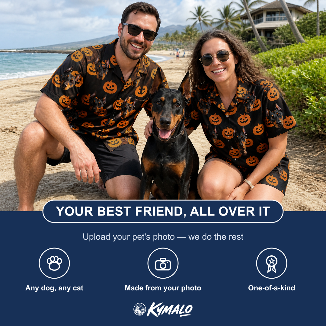 Friends in matching Women's Frightlight Fancies Custom Dog Face Hawaiian Shirt — a group gift photo
