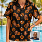 Woman wearing Women's Frightlight Fancies Custom Face Hawaiian Shirt — custom faces printed all-over