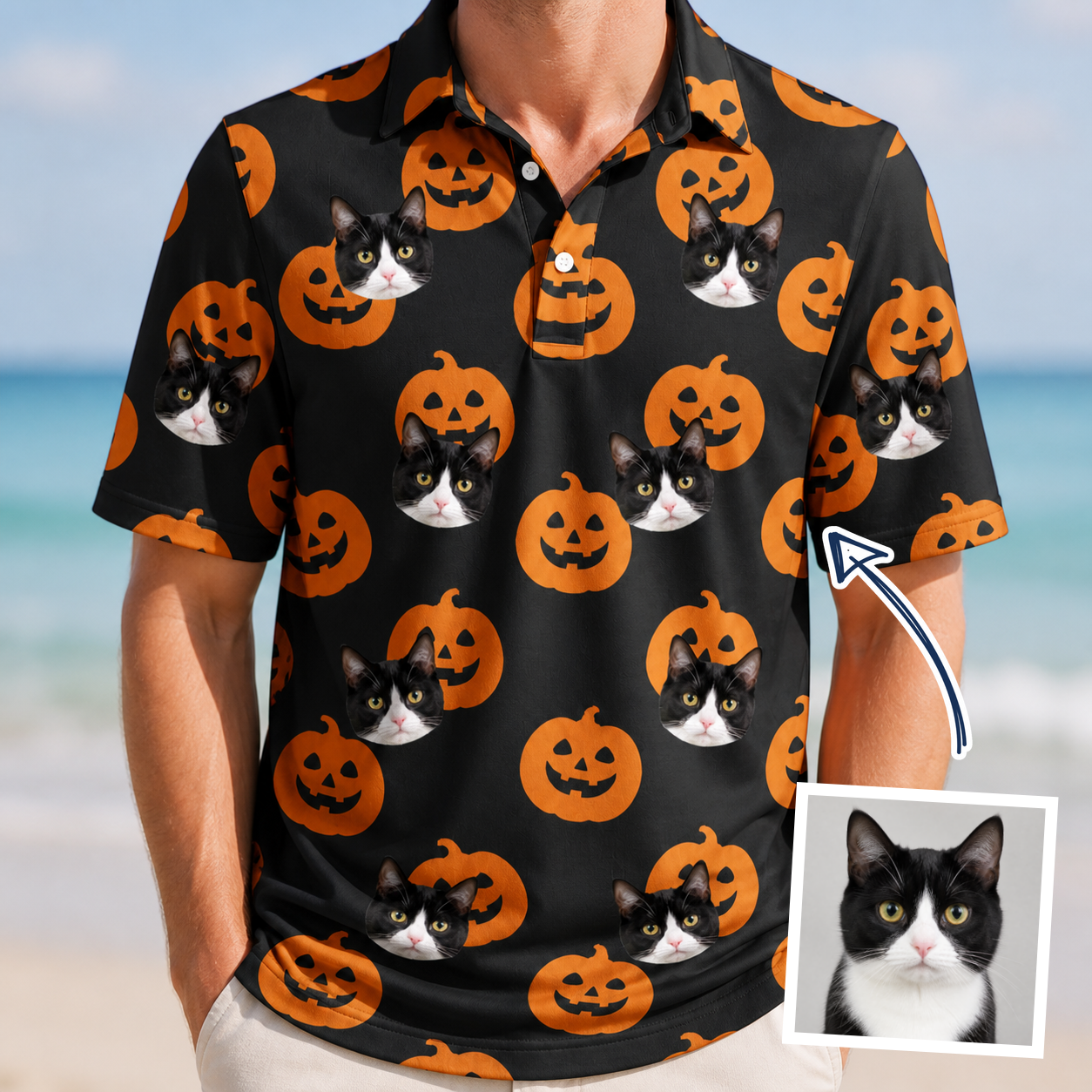 Man wearing Men's Frightlight Fancies Custom Cat Face Polo Shirt — custom faces printed all-over