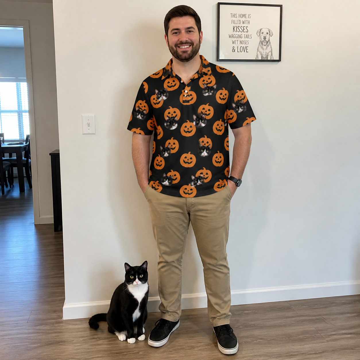 Full-length photo with the pet printed all over this Men's Frightlight Fancies Custom Cat Face Polo Shirt