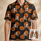 Man wearing Men's Frightlight Fancies Custom Dog Face Polo Shirt — custom faces printed all-over
